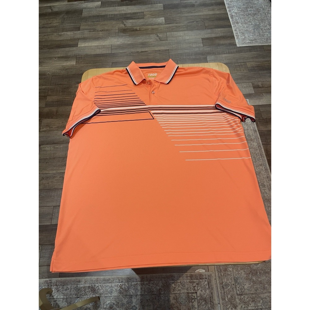 IZOD Perform Golf Peachy Orange with Blue & White Stripes Mens Polo Shirt Sz XL